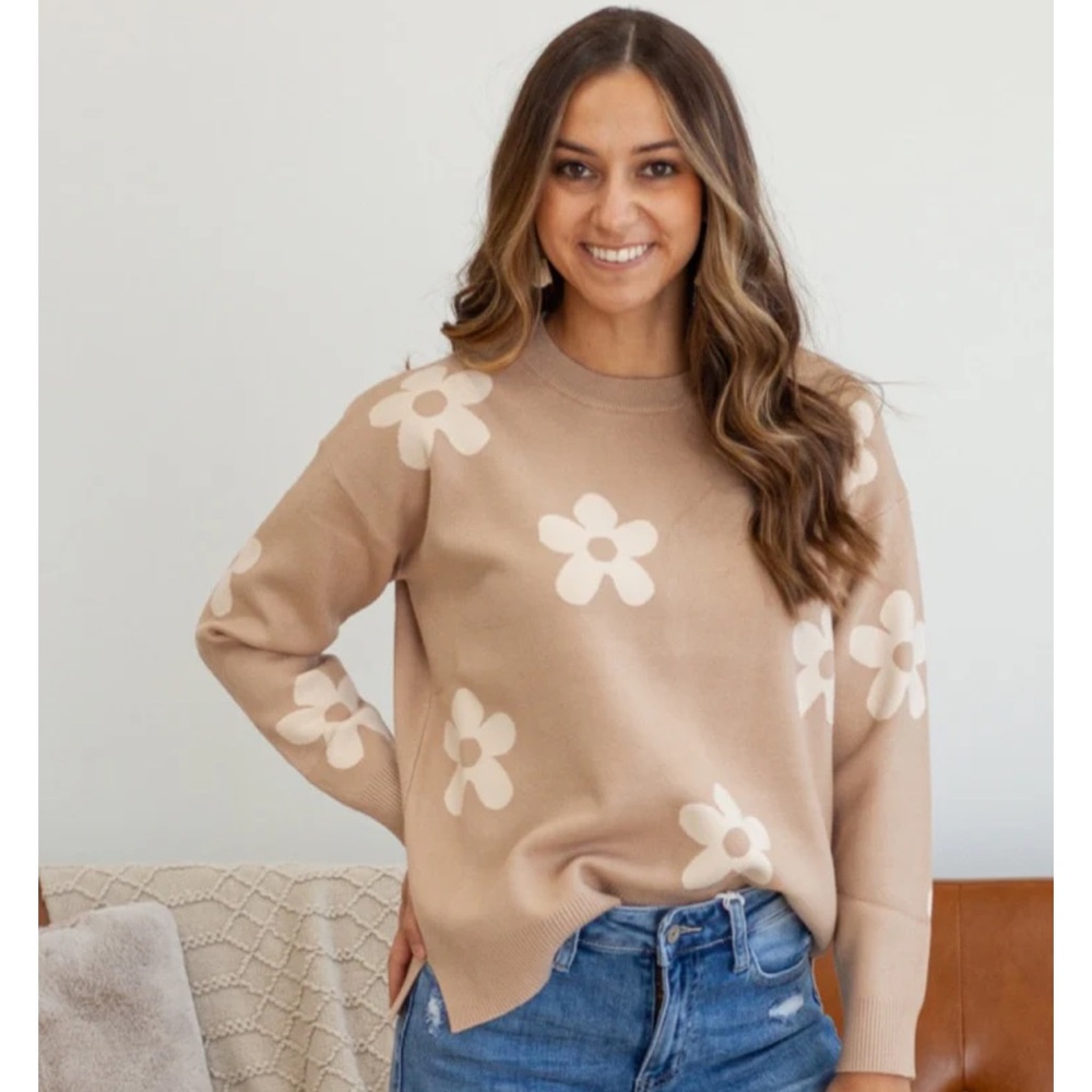 Vici Beige and Cream Floral Crew Neck Sweater